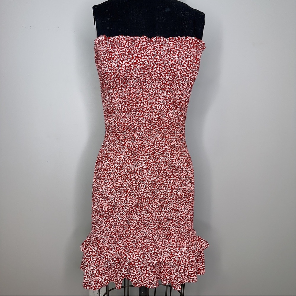 American Eagle Floral Dress Strapless Stretchy Cottage Core Red White smocked